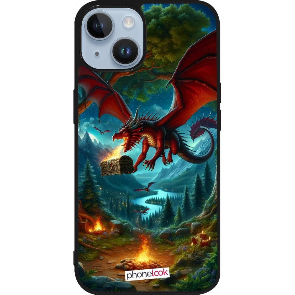 Coque iPhone 15 - Silicone rigide noir Dragon Volant Forêt Trésor