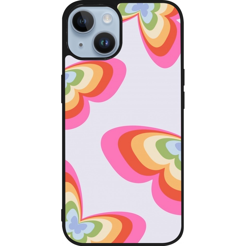 Coque iPhone 15 - Silicone rigide noir Easter 2024 rainbow butterflies