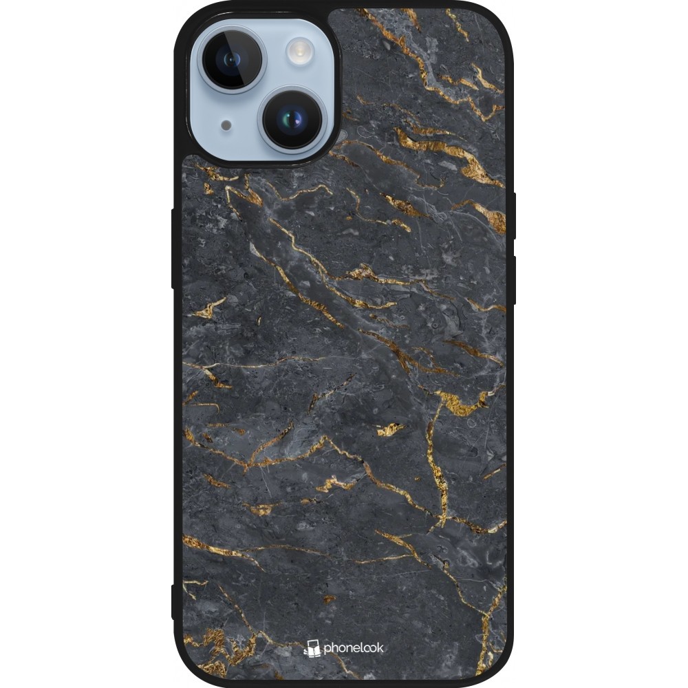 Coque iPhone 15 - Silicone rigide noir Grey Gold Marble