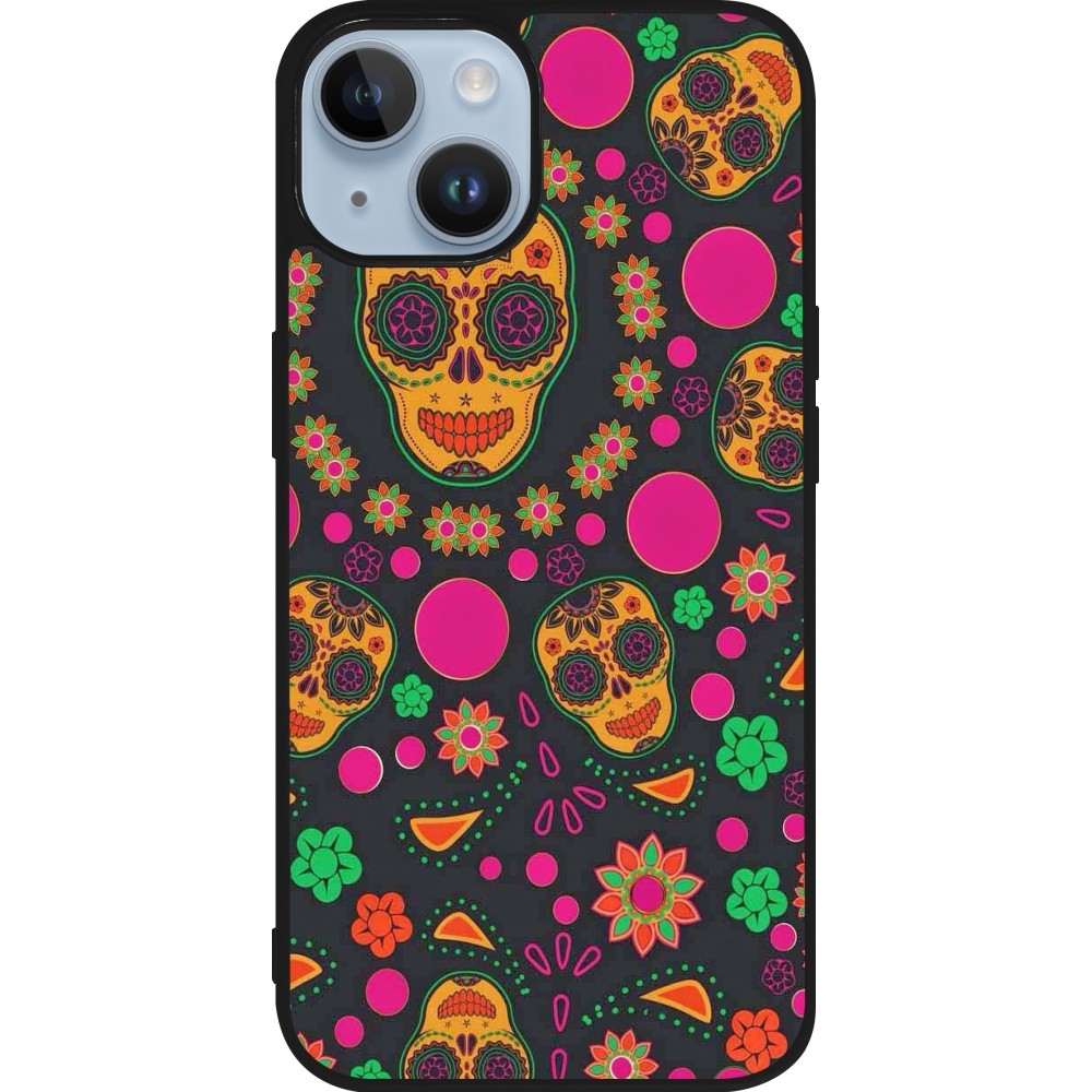 Coque iPhone 15 - Silicone rigide noir Halloween 22 colorful mexican skulls