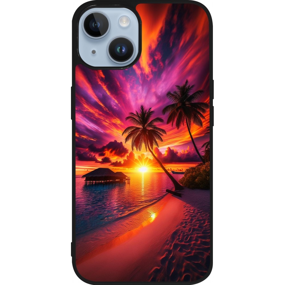 Coque iPhone 15 - Silicone rigide noir Maldives Dusk Bliss