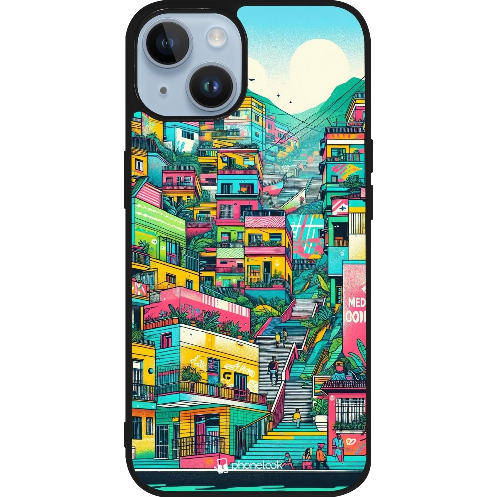 Coque iPhone 15 - Silicone rigide noir Medellin Comuna 13 Art