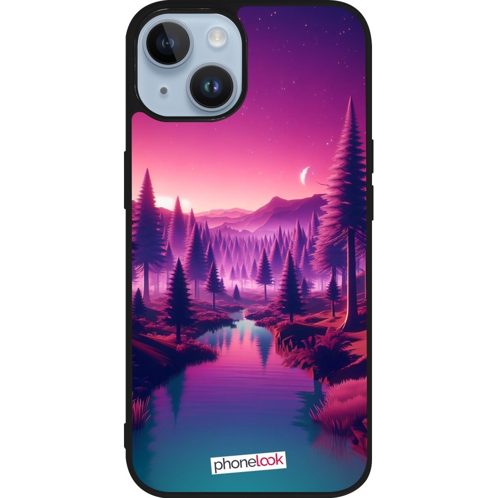 Coque iPhone 15 - Silicone rigide noir Paysage Violet-Rose