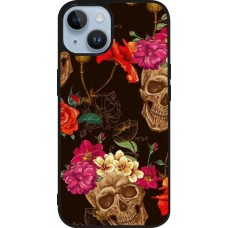 Coque iPhone 15 - Silicone rigide noir Skulls and flowers