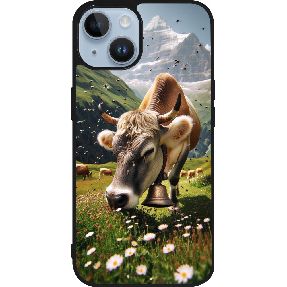 Coque iPhone 15 - Silicone rigide noir Vache montagne Valais