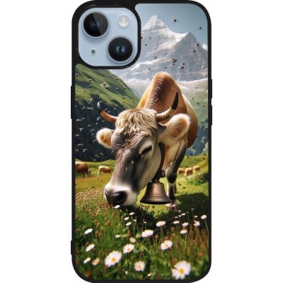 Coque iPhone 15 - Silicone rigide noir Vache montagne Valais