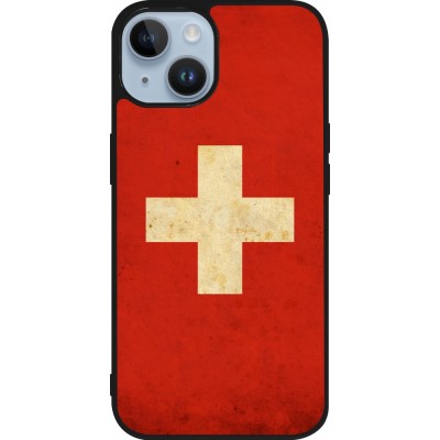 Coque iPhone 15 - Silicone rigide noir Vintage Flag SWISS