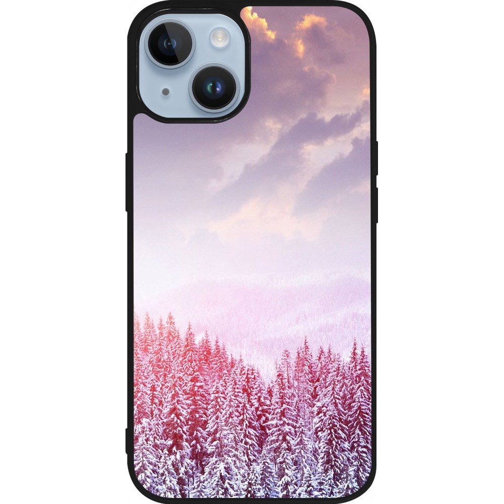 Coque iPhone 15 - Silicone rigide noir Winter 22 Pink Forest