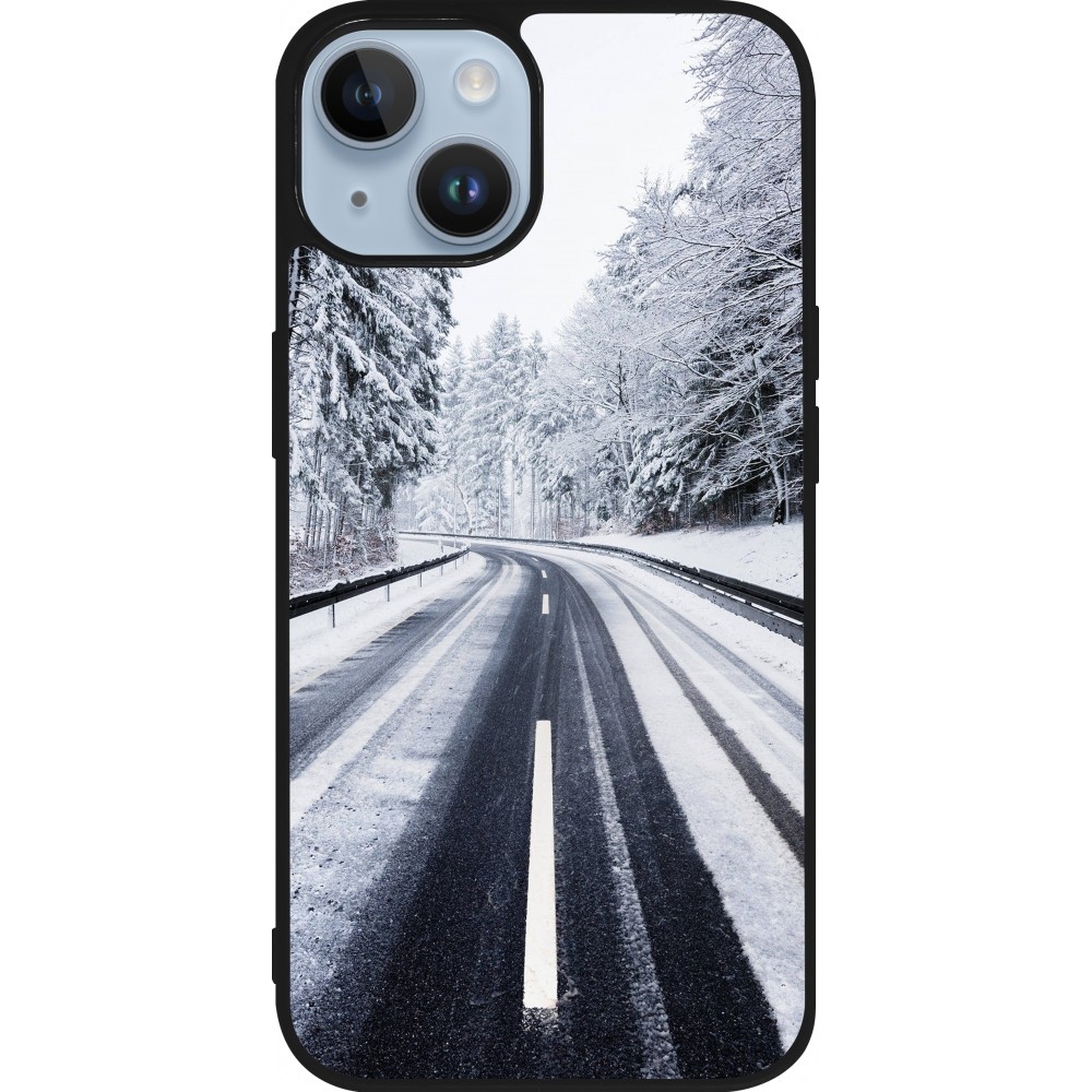 Coque iPhone 15 - Silicone rigide noir Winter 22 Snowy Road