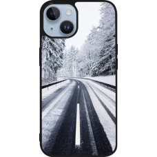 Coque iPhone 15 - Silicone rigide noir Winter 22 Snowy Road