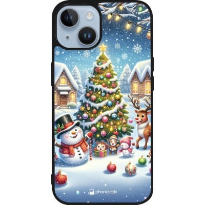 Coque iPhone 15 - Silicone rigide noir Noël 2023 bonhomme de neige et sapin