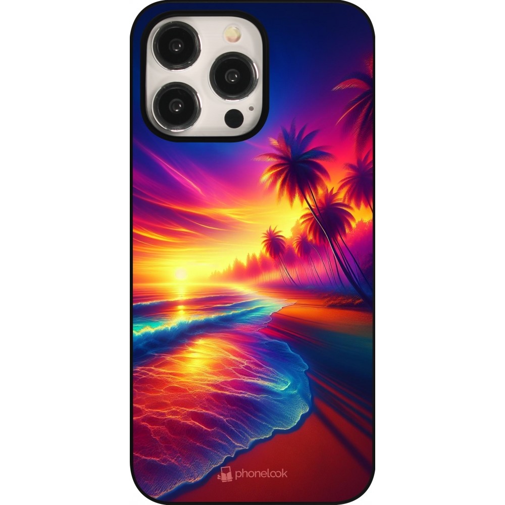 Coque iPhone 15 Pro Max - Plage coucher soleil flashy