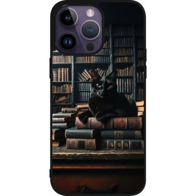 Coque iPhone 15 Pro Max - Silicone rigide noir Chat livres sombres