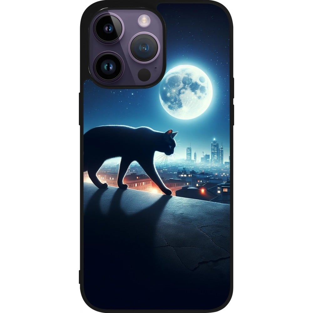 Coque iPhone 15 Pro Max - Silicone rigide noir Chat noir sous la pleine lune