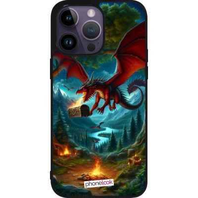 Coque iPhone 15 Pro Max - Silicone rigide noir Dragon Volant Forêt Trésor