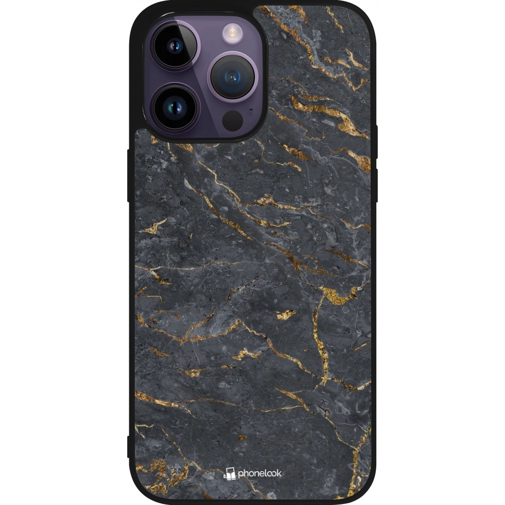 Coque iPhone 15 Pro Max - Silicone rigide noir Grey Gold Marble