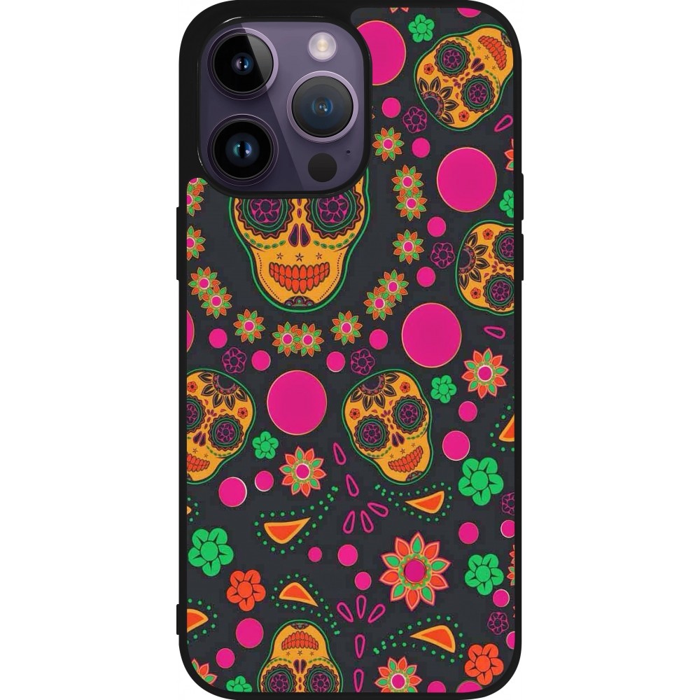 Coque iPhone 15 Pro Max - Silicone rigide noir Halloween 22 colorful mexican skulls