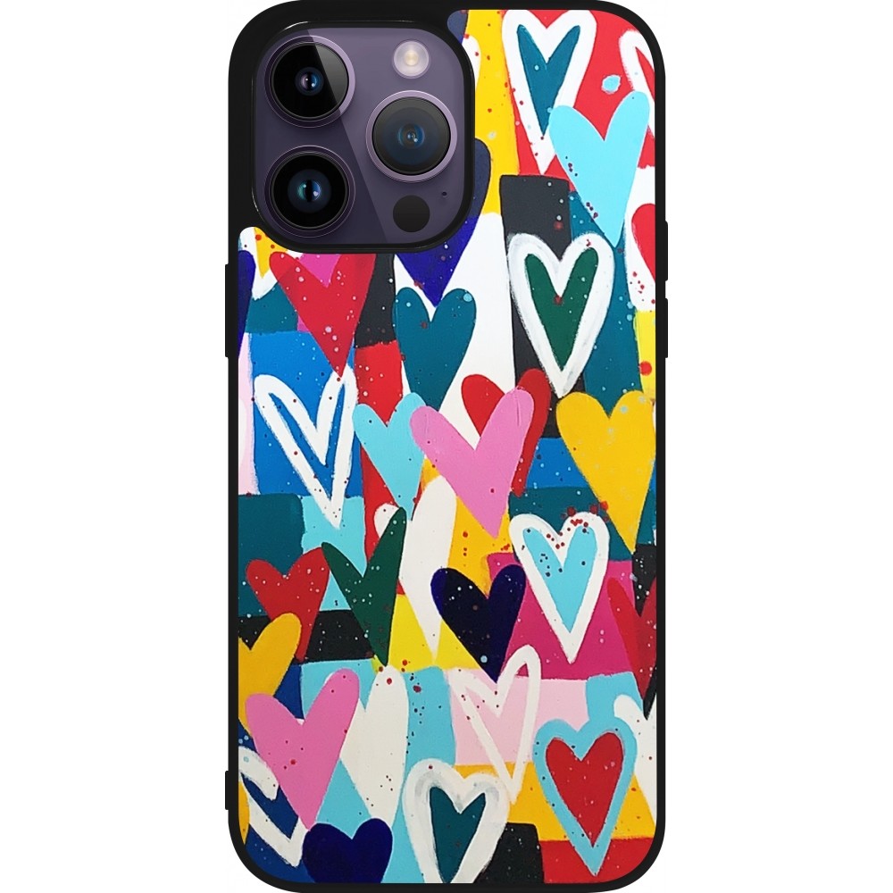 Coque iPhone 15 Pro Max - Silicone rigide noir Joyful Hearts