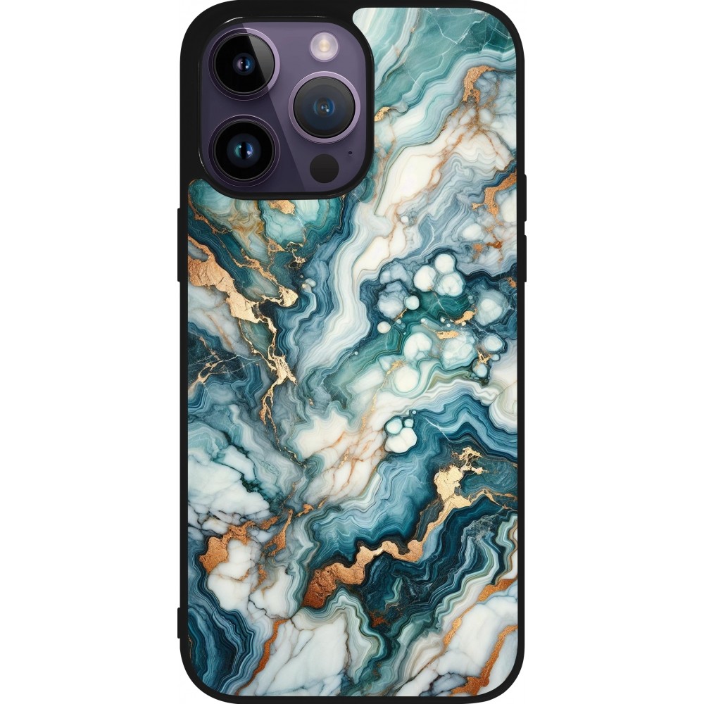 Coque iPhone 15 Pro Max - Silicone rigide noir Marbre Vert Bleu Doré