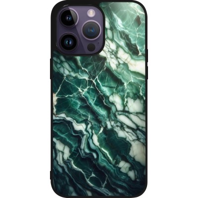 Coque iPhone 15 Pro Max - Silicone rigide noir Marbre vert majestueux