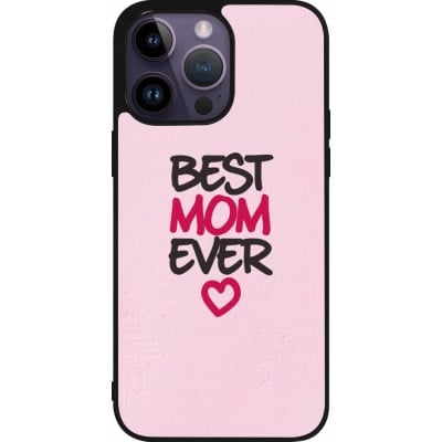 Coque iPhone 15 Pro Max - Silicone rigide noir Mom 2023 best Mom ever pink