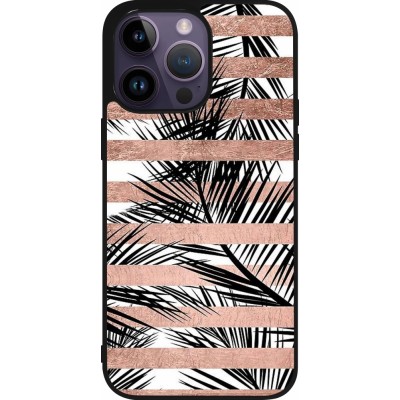 Coque iPhone 15 Pro Max - Silicone rigide noir Palm trees gold stripes