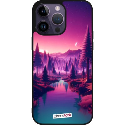 Coque iPhone 15 Pro Max - Silicone rigide noir Paysage Violet-Rose