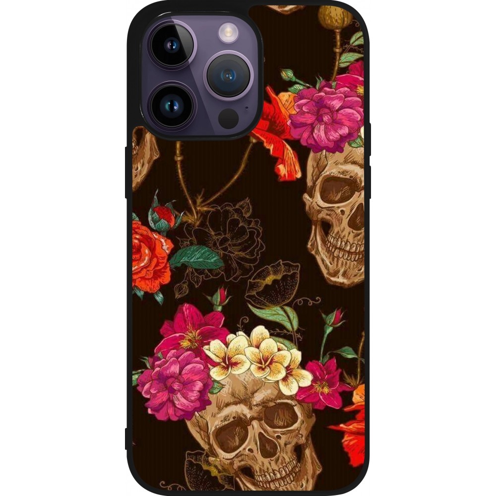 Coque iPhone 15 Pro Max - Silicone rigide noir Skulls and flowers