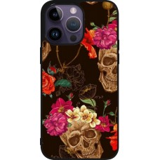 Coque iPhone 15 Pro Max - Silicone rigide noir Skulls and flowers