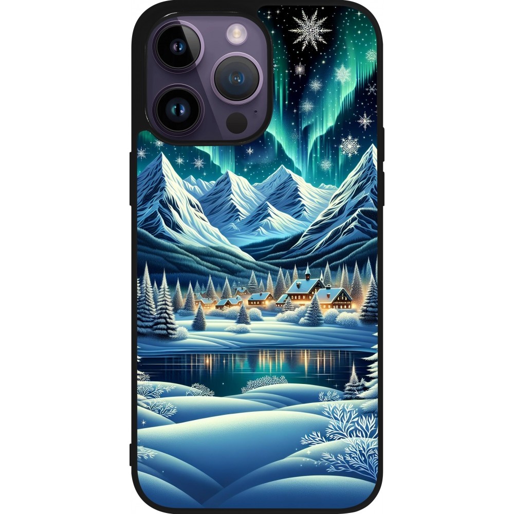 Coque iPhone 15 Pro Max - Silicone rigide noir Snowy Mountain Village Lake night