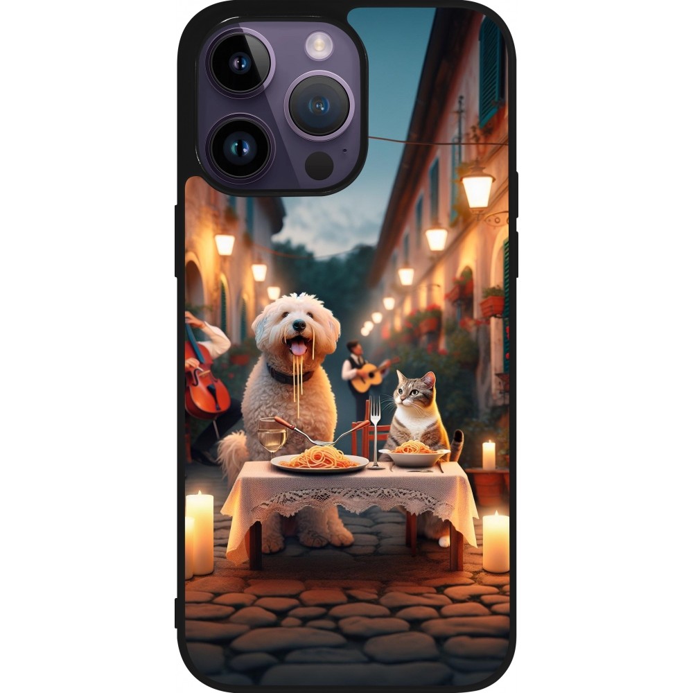 Coque iPhone 15 Pro Max - Silicone rigide noir Valentine 2024 Dog & Cat Candlelight