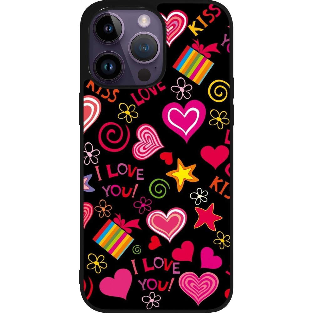 Coque iPhone 15 Pro Max - Silicone rigide noir Valentine 2023 love symbols