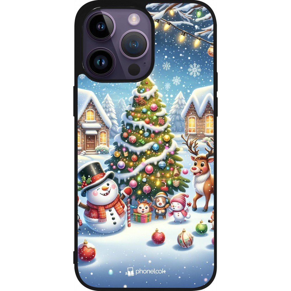 Coque iPhone 15 Pro Max - Silicone rigide noir Noël 2023 bonhomme de neige et sapin