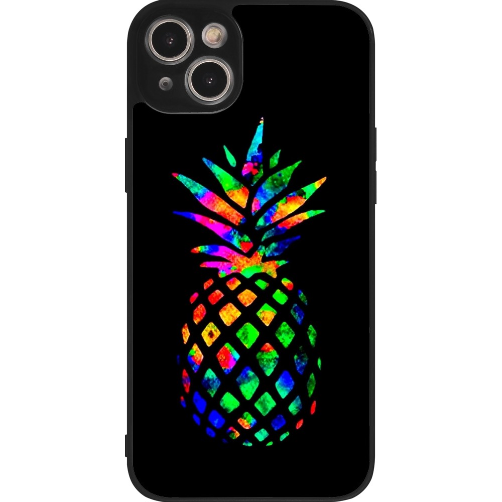 Coque iPhone 15 Plus - Silicone rigide noir Ananas Multi-colors