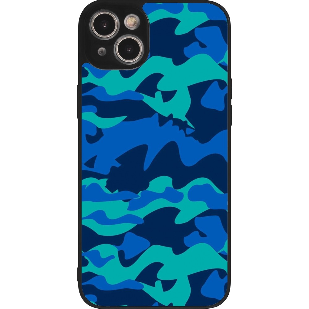 Coque iPhone 15 Plus - Silicone rigide noir Camo Blue