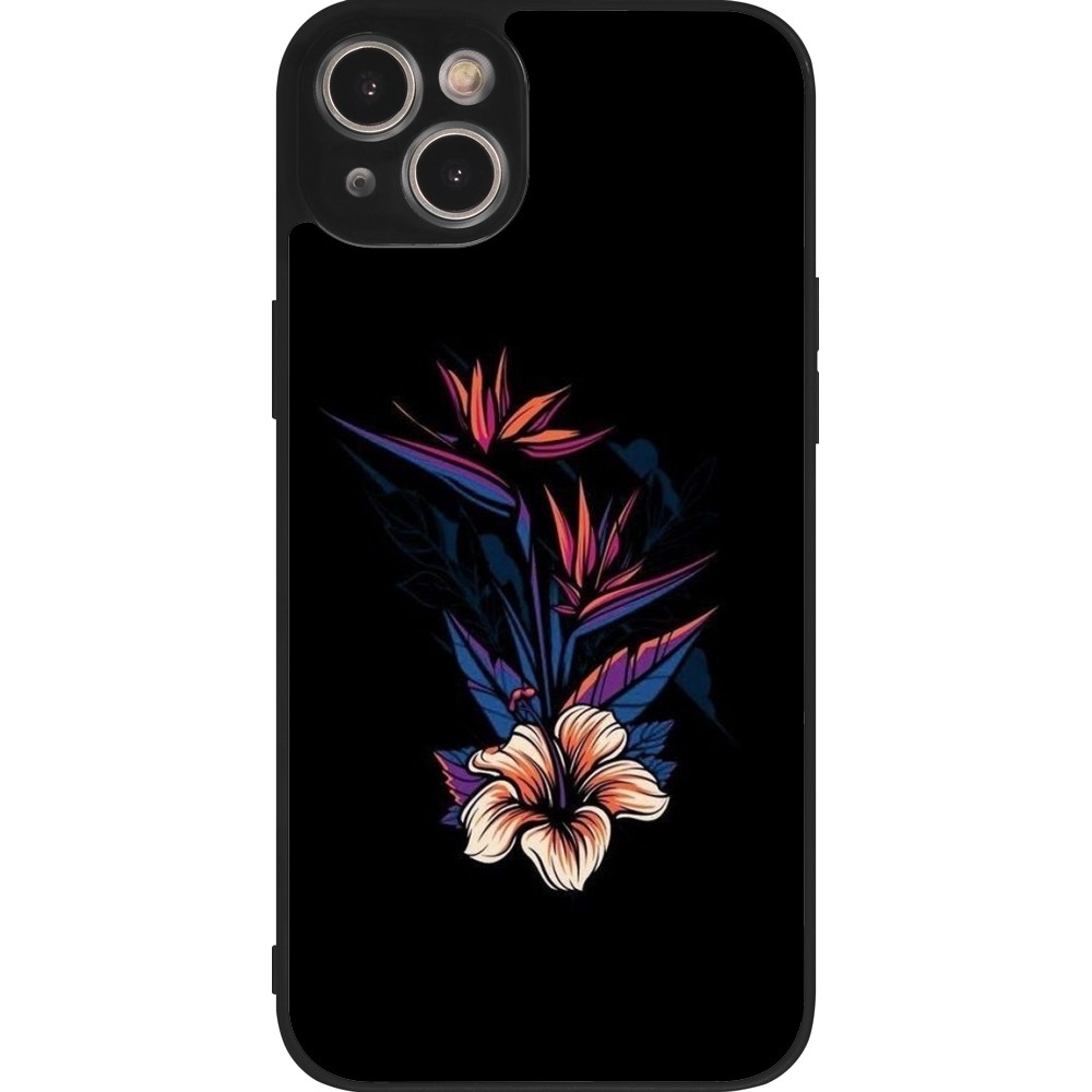 Coque iPhone 15 Plus - Silicone rigide noir Dark Flowers