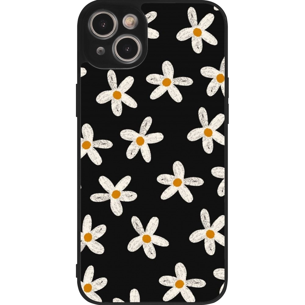 Coque iPhone 15 Plus - Silicone rigide noir Easter 2024 white on black flower