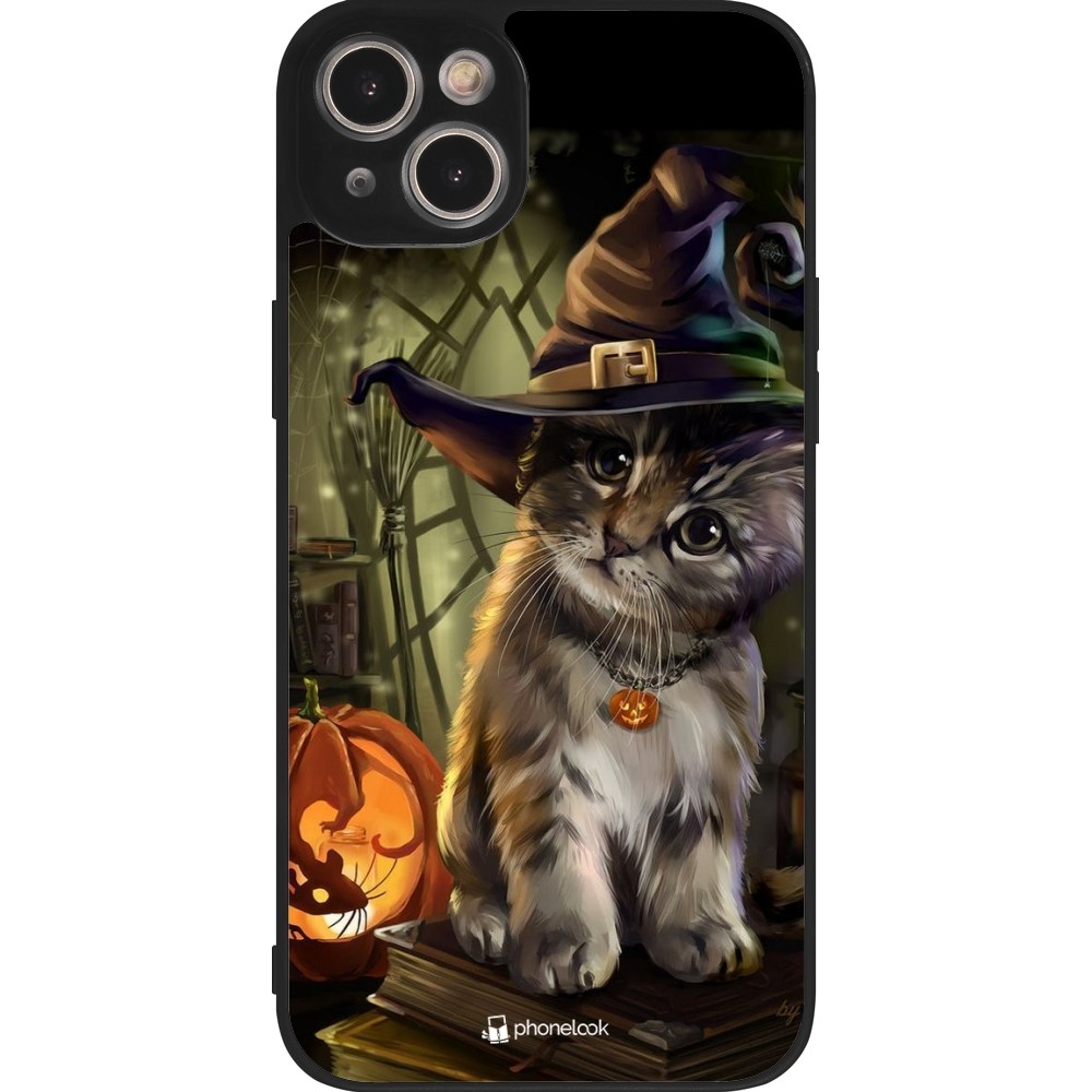 Coque iPhone 15 Plus - Silicone rigide noir Halloween 21 Witch cat