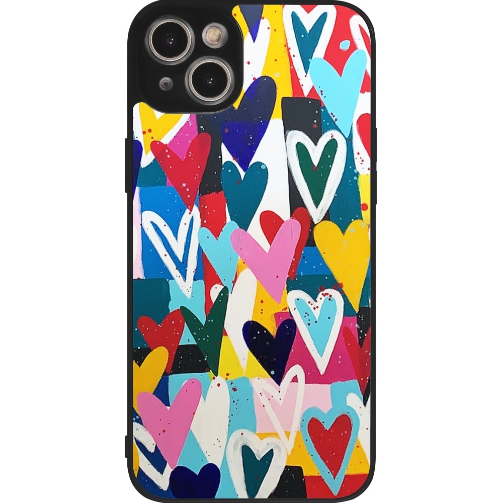 Coque iPhone 15 Plus - Silicone rigide noir Joyful Hearts