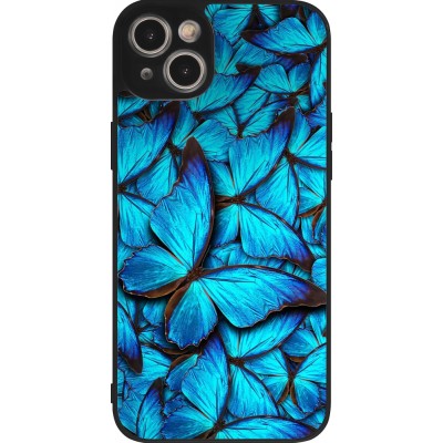 Coque iPhone 15 Plus - Silicone rigide noir Papillon bleu