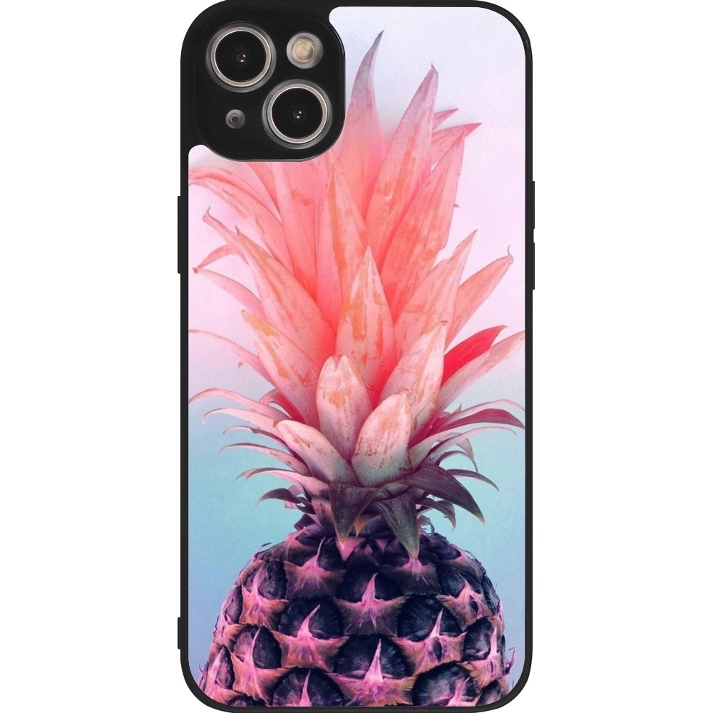 Coque iPhone 15 Plus - Silicone rigide noir Purple Pink Pineapple