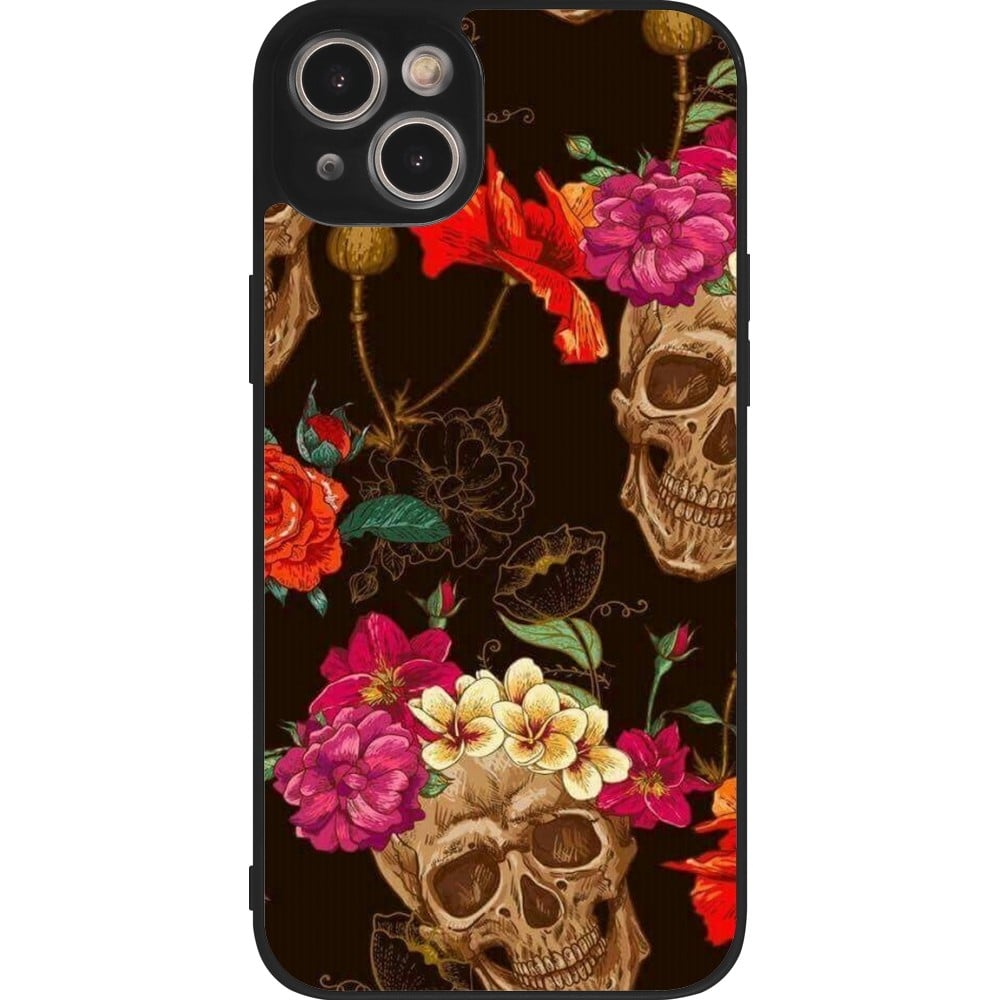 Coque iPhone 15 Plus - Silicone rigide noir Skulls and flowers