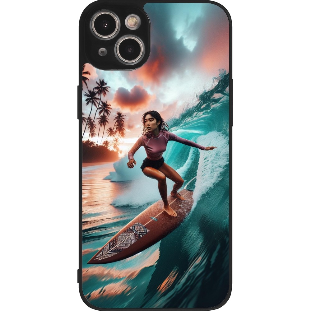 Coque iPhone 15 Plus - Silicone rigide noir Surfeuse Balinaise