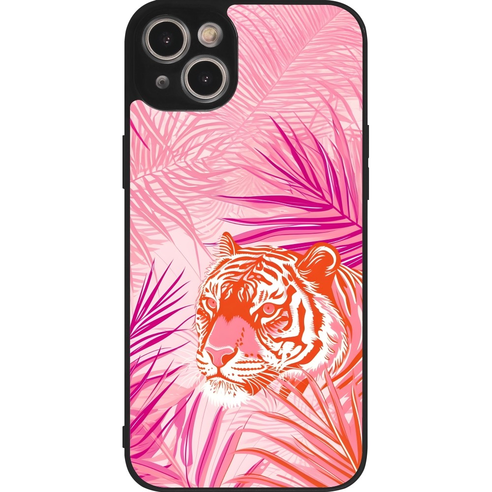 Coque iPhone 15 Plus - Silicone rigide noir Tigre palmiers roses