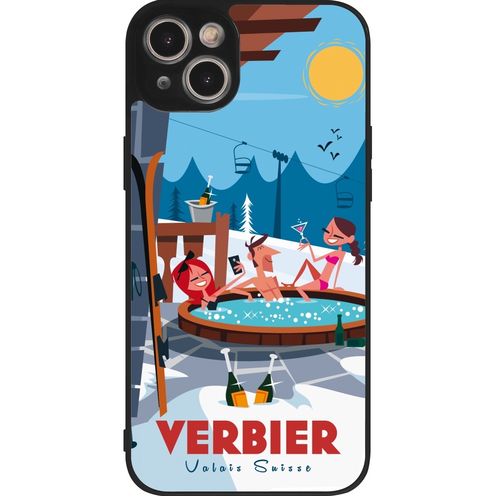 Coque iPhone 15 Plus - Silicone rigide noir Verbier Mountain Jacuzzi