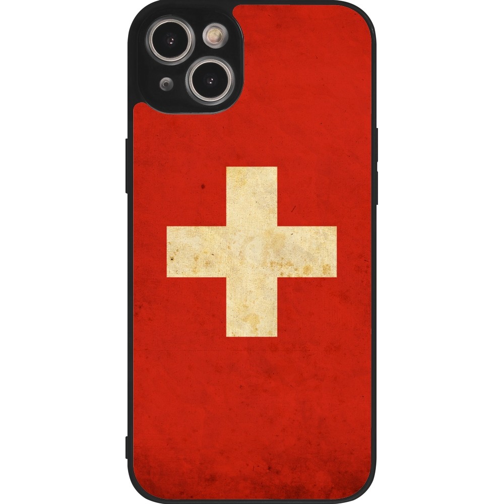 Coque iPhone 15 Plus - Silicone rigide noir Vintage Flag SWISS