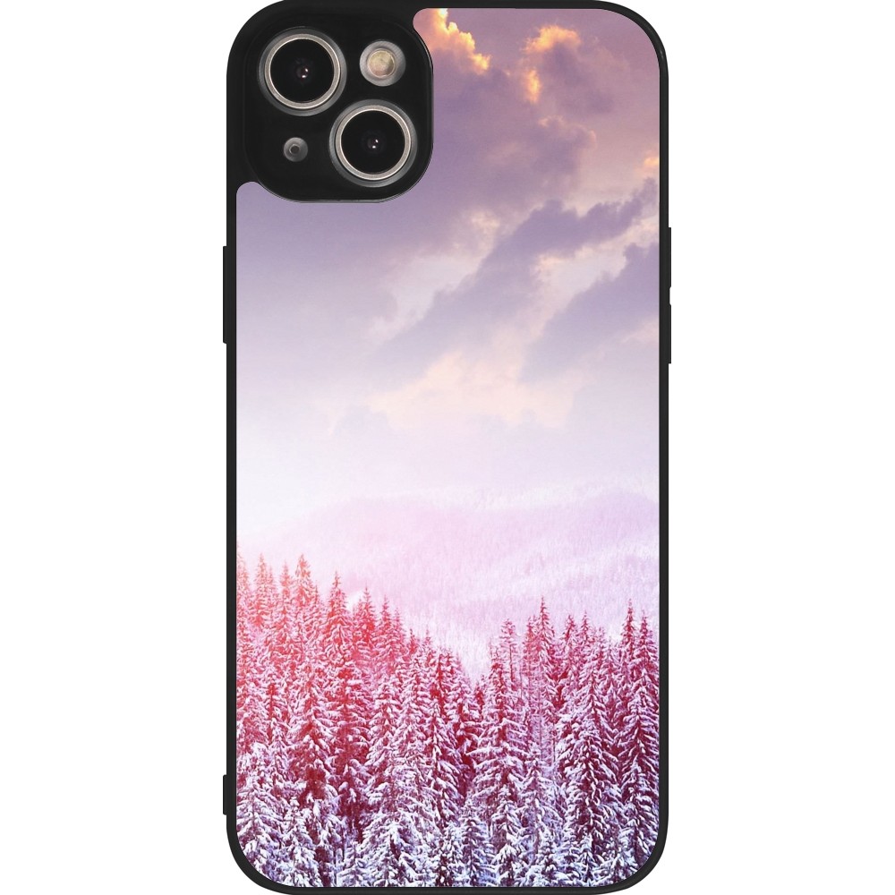 Coque iPhone 15 Plus - Silicone rigide noir Winter 22 Pink Forest