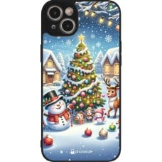 Coque iPhone 15 Plus - Silicone rigide noir Noël 2023 bonhomme de neige et sapin