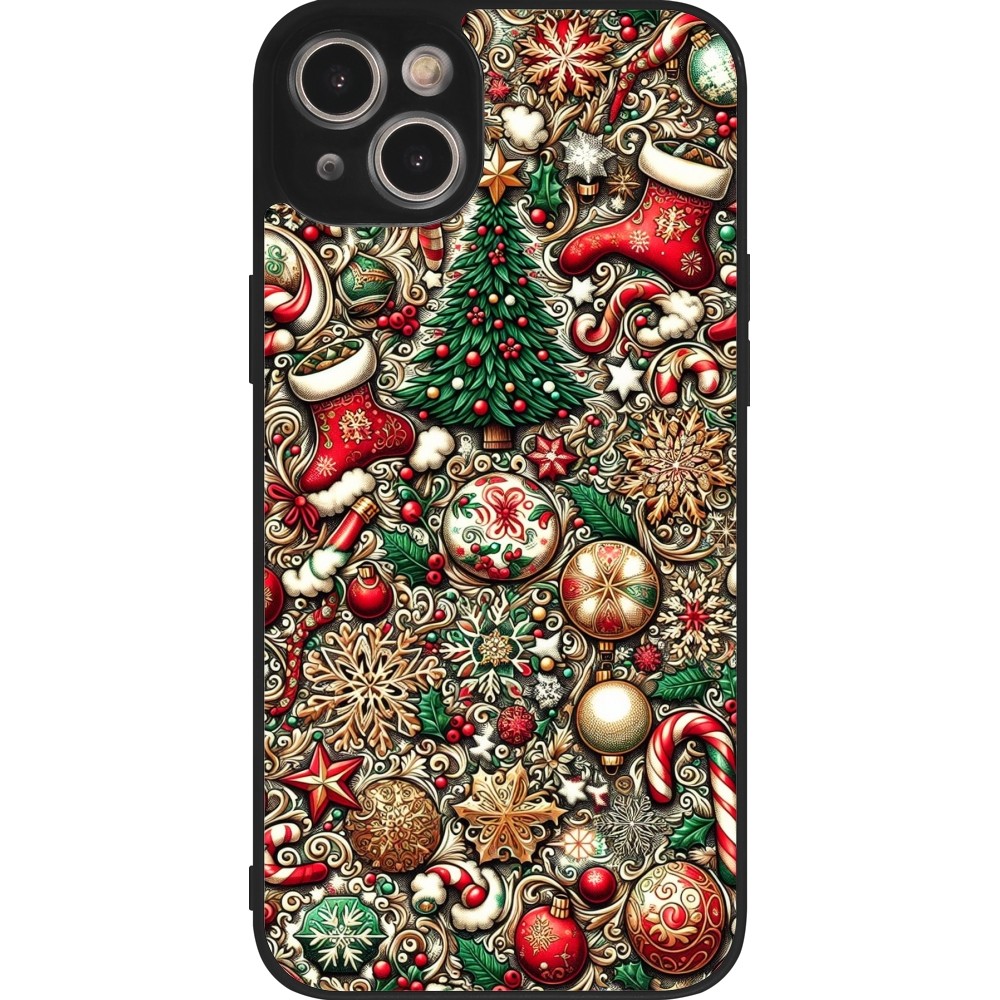 Coque iPhone 15 Plus - Silicone rigide noir Noël 2023 micro pattern