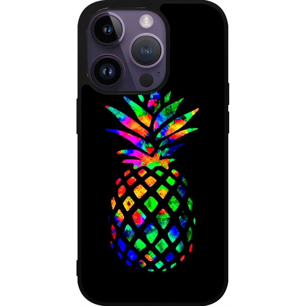 Coque iPhone 15 Pro - Silicone rigide noir Ananas Multi-colors